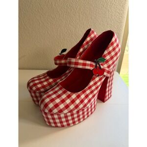 YRU x Hustler Red Gingham Cherry Platform Mary Jane Heels Womens Size 11